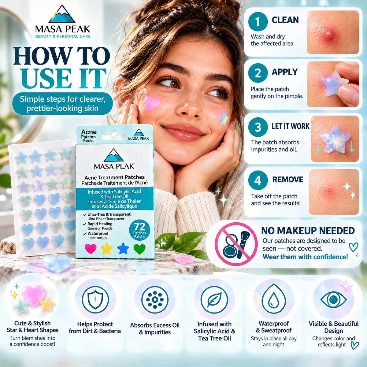 Masa Peak Acne Patches – 72 Hydrocolloid Star & Heart Patches with Salicylic Acid