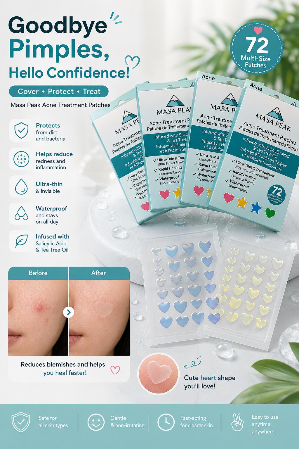 Masa Peak Acne Patches – 72 Hydrocolloid Star & Heart Patches with Salicylic Acid
